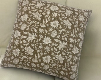 Hand Block Floral Pillow Covers | Neutral Throw Pillows | Hand Blocked Cushion Cover | Decorative Linen Pillow Cover | Designer Pillow Cover