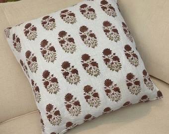 Hand Block Floral Pillow Covers | Neutral Throw Pillows | Hand Blocked Cushion Cover | Decorative Linen Pillow Cover | Designer Pillow Cover