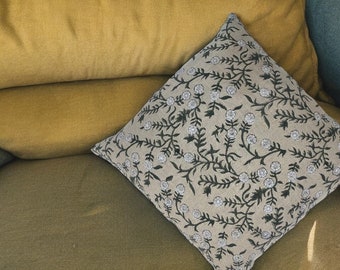 Hand Block Floral Pillow Covers | Neutral Throw Pillows | Hand Blocked Cushion Cover | Decorative Linen Pillow Cover | Designer Pillow Cover