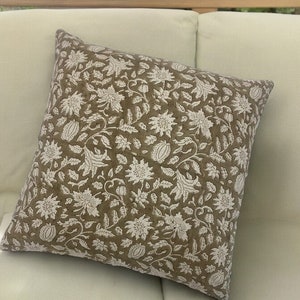 Hand Block Floral Pillow Covers | Neutral Throw Pillows | Hand Blocked Cushion Cover | Decorative Linen Pillow Cover | Designer Pillow Cover