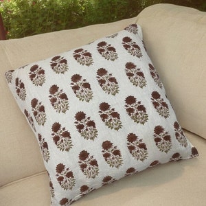 Hand Block Floral Pillow Covers | Neutral Throw Pillows | Hand Blocked Cushion Cover | Decorative Linen Pillow Cover | Designer Pillow Cover