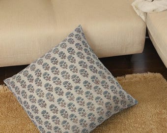 Hand Block Blumenkissenbezüge | Neutrale Dekokissen | Handgeblockte Kissenhülle | Dekorativer Leinen Kissenbezug | Designer Kissenbezug