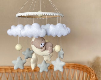 Teddy bear nursery mobile baby nursery decor Moon and stars mobile Gender neutral mobile Bear on the moon Crib mobile baby shower gift