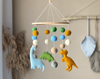 Dinosaur baby mobile,neutral baby mobile crib mobile , felt ball mobile, pom pom mobile, dino nursery, animal baby mobile