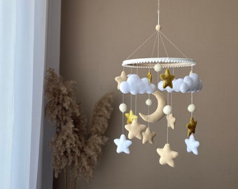 Baby mobile moon, nursery mobile, crib mobile, moon and stars mobile, monochrome mobile, neutral baby mobile