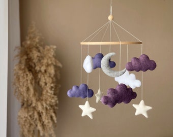 Purple baby mobile neutral baby crib mobile cloud nursery mobile baby mobile girl custom baby mobile moon baby mobile baby mobile kit