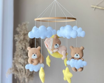 Teddy bear nursery mobile Moon and stars mobile Gender neutral mobile Bear on the moon Crib mobile