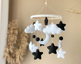 Black white mobile, Monochrome baby mobile, Moon and stars mobile, Star mobile, moon mobile, Cloud nursery mobile, Nursery mobile neutral
