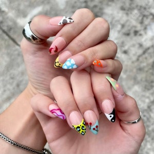 Random Mix & Match Tips Press on Nails | Fake False nails | Hand Painted Nail Art | Coffin | Almond | Funky Abstract Festival Holiday Summer