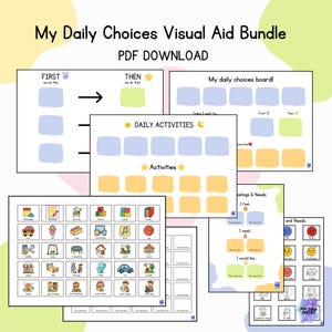 Pode incluir: Um pacote de auxílios visuais com o texto "My Daily Choices Visual Aid Bundle PDF DOWNLOAD". O pacote inclui várias páginas com espaços para atividades diárias, sentimentos e necessidades, juntamente com ícones visuais.