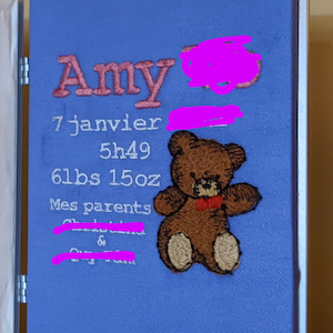 May include: A blue embroidered baby announcement with the name Amy, birthdate 7 janvier 5h49, weight 6lbs 15oz, and the text "Mes parents... &..."