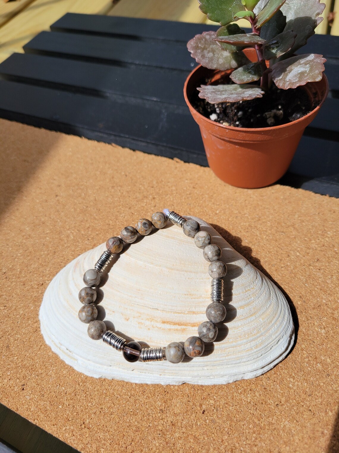 Smokey Quartz Crinoid Fossil Bead Bracelet Etsy