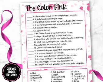 Może przedstawiać: Różowy arkusz do gry tematycznej zatytułowany "The Color Pink" z pytaniami do uzupełnienia. Arkusz zawiera listę wskazówek i opcji odpowiedzi. Różowa wstążka i czarno-różowa grafika "answer sheet included" znajdują się na zdjęciu.