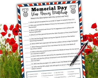 Może przedstawiać: Gra Memorial Day War Heroes Matchup z czerwoną, białą i niebieską obwódką. Gra zawiera pytania o bohaterów wojennych i listę nazwisk do dopasowania. Czerwone maki i długopis w tle.