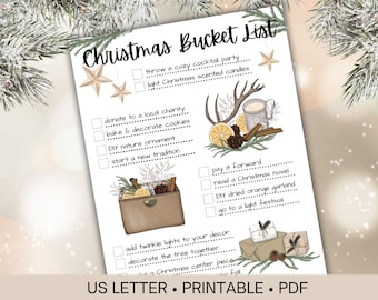 May include: A printable Christmas Bucket List on US Letter paper. The list includes festive activities like baking cookies and decorating the tree. The design features illustrations of a cozy cocktail, candles, and gifts. The text includes "Christmas Bucket List".