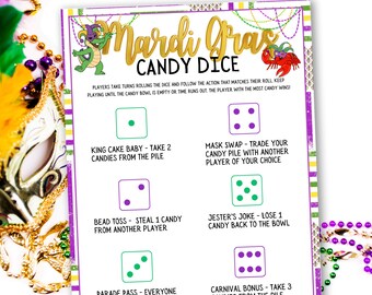 Może przedstawiać: Karta do gry w kości do cukierków Mardi Gras z fioletową i złotą obwódką. Karta zawiera tekst "Mardi Gras Candy Dice" i instrukcje dotyczące gry. Wyświetlane są również obrazy kości i akcje gry.