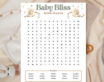 Może przedstawiać: Biała karta do gry z tytułem Baby Bliss Word Search, ozdobiona ilustracjami bocianów niosących tobołki oraz małymi gwiazdkami. Siatka zawiera litery, a na dole znajduje się lista słów, w tym Diapers, Crib, Mobile oraz Booties.