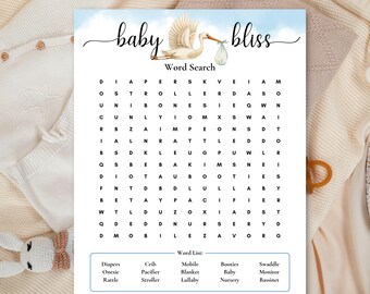 Może przedstawiać: Biała papierowa gra typu wykreślanka na baby shower zatytułowana baby bliss z ilustracją bociana niosącego zawiniątko. Siatka zawiera różne słowa związane z dziećmi oraz listę słów na dole, w tym diapers, onesie, rattle, crib, pacifier, stroller, mobile, blanket, lullaby, bootie, baby, nursery, swaddle, monitor i bassinet.