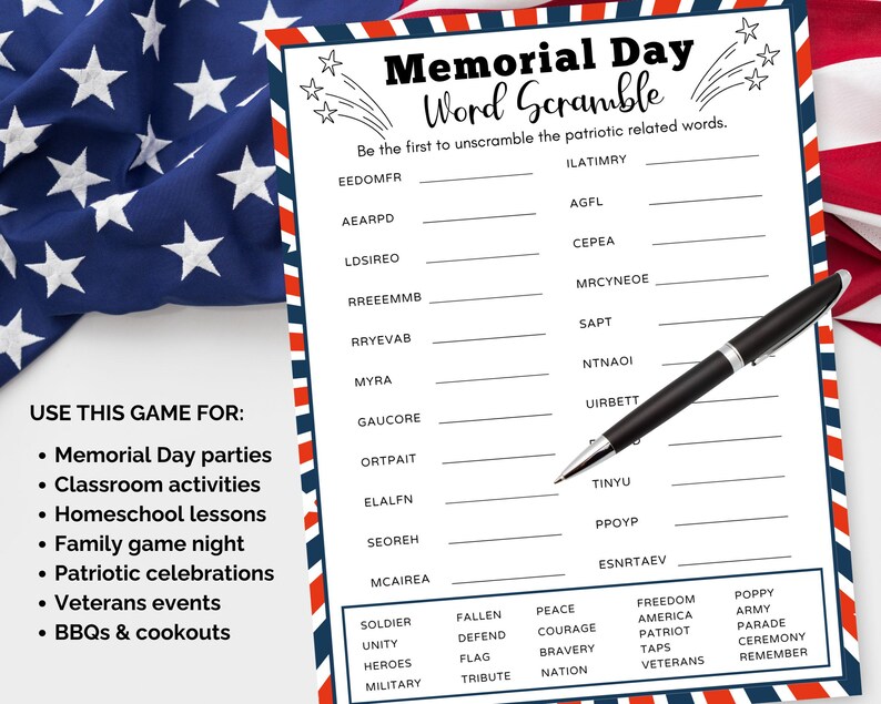 Memorial Day Word Scramble Game, Memorial Day Activity for Kids and ...