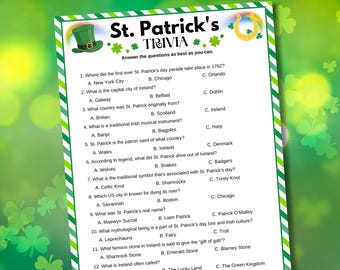 St. Patrick's Day Trivia Game Printable with Answers, Irish Trivia Party Game, Classroom Holiday Activity, March Party Game PDF