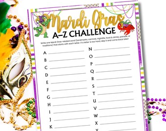 Może przedstawiać: Arkusz gry Mardi Gras A-Z Challenge z fioletową, zieloną i złotą obwódką. Tytuł "Mardi Gras A-Z CHALLENGE" jest w złotych literach. Arkusz zawiera miejsca do pisania słów związanych z Mardi Gras, od A do Z.
