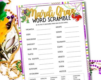 Może przedstawiać: Arkusz gry w wyszukiwanie słów o tematyce Mardi Gras. Arkusz ma fioletową, zieloną i złotą obwódkę. Tytuł "Mardi Gras Word Scramble" jest w złotych literach. Arkusz zawiera listę pomieszanych słów i słów związanych z Mardi Gras.