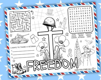 Może przedstawiać: Czarno-biała kolorowanka o tematyce patriotycznej. Zawiera labirynt, wyszukiwanie słów oraz ilustracje czołgu, butów, krzyża, maków, żołnierza i słowa "FREEDOM". Zawiera tekst "3 WAYS TO THANK A VETERAN" i "CAN YOU FIND ALL?"