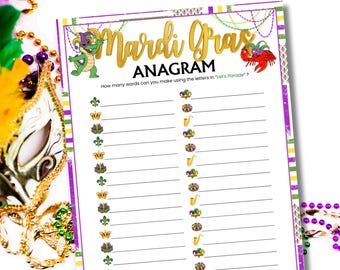 Może przedstawiać: Biała karta do gry z motywem Mardi Gras, ze złotymi słowami "Mardi Gras ANAGRAM". Karta ma fioletowo-złotą obwódkę, z ilustracjami zielonego aligatora i czerwonej homara. Gra pyta: "Ile słów możesz utworzyć, używając liter z 'Let's Parade'?"