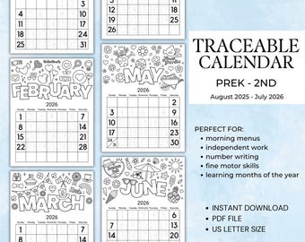 Traceable Monthly Calendar 2025-26, Coloring Calendar Printable, Homeschool Morning Menu Pages, Morning Calendar for Kids