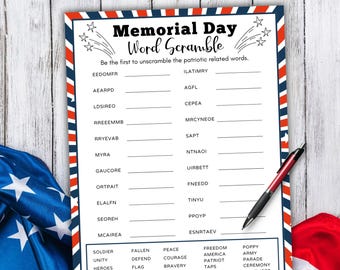 Może przedstawiać: Arkusz gry Memorial Day Word Scramble z czerwoną, białą i niebieską obwódką. Arkusz zawiera pomieszane słowa związane z patriotyzmem i listę niepomieszanych słów na dole. Czerwony i czarny długopis spoczywa na arkuszu.