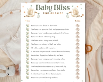 Może przedstawiać: Biała papierowa karta do gry z tytułem Baby Bliss True or False, ozdobiona ilustracjami bocianów niosących zawiniątka, smoczków dla prawdziwych odpowiedzi i bucików dla fałszywych, z listą ciekawostek o niemowlętach wydrukowaną czarną czcionką.