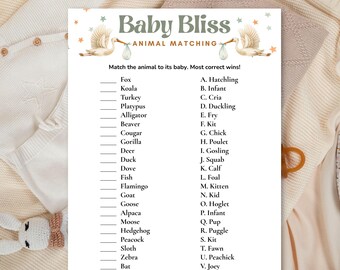 Może przedstawiać: Biała papierowa karta do gry zatytułowana Baby Bliss Animal Matching z ilustracjami bocianów niosących tobołki. Gra zawiera listę różnych zwierząt i odpowiadające im nazwy młodych od A do V, z pustymi liniami na odpowiedzi.