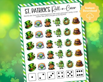 Może przedstawiać: Gra o tematyce Dnia Świętego Patryka z tekstem "ST. PATRICK'S Roll-n-Cover". Gra zawiera obrazy zielonych kapeluszy, tęczy, skrzatów, koniczyny, podków i garnków złota. Kostki z kropkami znajdują się na dole.