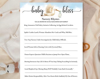 Może przedstawiać: Biała papierowa karta do gry z tytułem baby bliss i ilustracją bociana. Zawiera quiz o rymowankach z ośmioma nagłówkami, w tym King Announces Wall Safety Initiative Following An Egg-Related Accident oraz inne wskazówki dotyczące rymowanek.