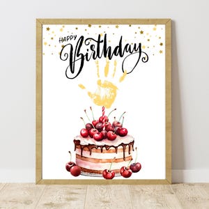 Arte de impressão de mão de feliz aniversário, cartão de impressão de mão de criança, cartão de feliz aniversário de última hora, presente de netos, cartão de bolo de aniversário de crianças