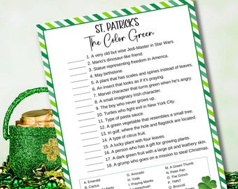 St. Patrick's Day Color Green Game, All Things Green Trivia Printable, St. Patrick's Day Party Game, Classroom Activity, Color Match Up PDF