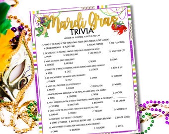 Może przedstawiać: Arkusz gry w quiz Mardi Gras z fioletową, zieloną i złotą obwódką. Arkusz zawiera pytania dotyczące Mardi Gras, z odpowiedziami do wyboru. Słowa "Mardi Gras Trivia" są w kolorze złotym, a na arkuszu znajdują się ilustracje smoka i raka.