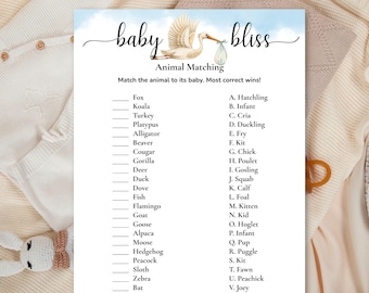 Może przedstawiać: Biała papierowa karta do gry z tytułem baby bliss i ilustracją bociana. Zawiera zadanie polegające na dopasowywaniu zwierząt, z listą zwierząt po lewej stronie i nazwami młodych po prawej, w tym Fox, Koala, Turkey oraz Hatchling, Infant, Cria.