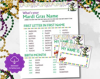 Może przedstawiać: Gra w imiona Mardi Gras z fioletową ikoną natychmiastowego pobierania. Gra zawiera listę imion i miesięcy urodzenia, aby stworzyć unikalne imię Mardi Gras. Projekt przedstawia kreskówkowego aligatora i kolorowe koraliki.