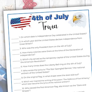 4th of July Trivia Questions Printable, Patriotic Trivia Questions and Answers, Independence Day Quiz PDF, Summer Activities for Kids