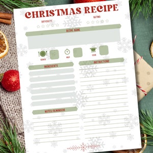 Christmas Recipe Card Template, Holiday Recipe Printable, Blank Christmas Recipe Card, Recipe Template Printable