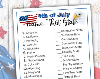 4th of July State Match Up Game, Independence Trivia and Answers, Patriotic Activity, State Trivia Questions, America Trivia Printable