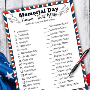 Memorial Day Games, Name the States Quiz, State Matching Game, Memorial Day Activities