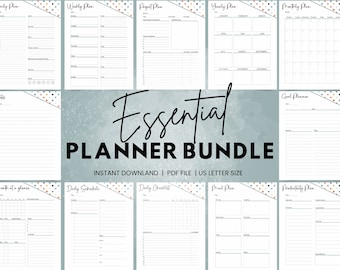 Könnte beinhalten: Ein Satz druckbarer Planerseiten mit einem farbenfrohen Punkte-Design. Die Seiten beinhalten einen Tages-, Wochen-, Monats-, Jahres-, Projekt-, Ziel-, Speiseplan- und Produktivitätsplaner.