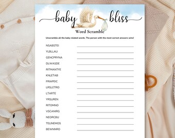 Może przedstawiać: Arkusz z grą polegającą na układaniu słów na baby shower zatytułowany baby bliss z ilustracją bociana niosącego tobołek. Gra zawiera listę czternastu pomieszanych słów związanych z dziećmi oraz puste linie przeznaczone na wpisanie odpowiedzi.