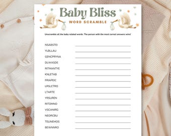 Może przedstawiać: Biała karta do gry zatytułowana Baby Bliss Word Scramble z ilustracjami bocianów niosących tobołki i małymi gwiazdkami. Karta zawiera czternaście pomieszanych słów związanych z dziećmi oraz puste linie przeznaczone na wpisanie odpowiedzi.
