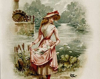 Victorian Girl At The Mill Lithograph Art Print c1850-1870s Sun Hat Dress DWN10A