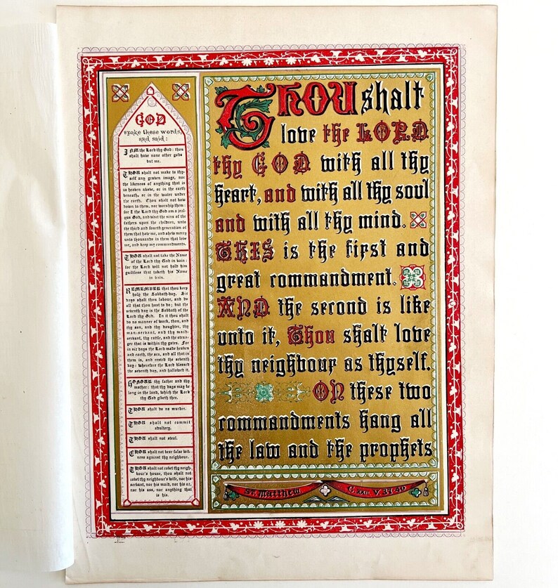 Ten Commandments Gold Tone 1872 Lithograph Victorian Religious Art ...