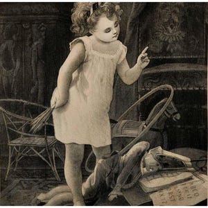 May include: A young girl in a white dress stands in a room with a rocking horse and a chair. She is pointing at something off-camera. There are books on the floor with the letters of the alphabet printed on them.