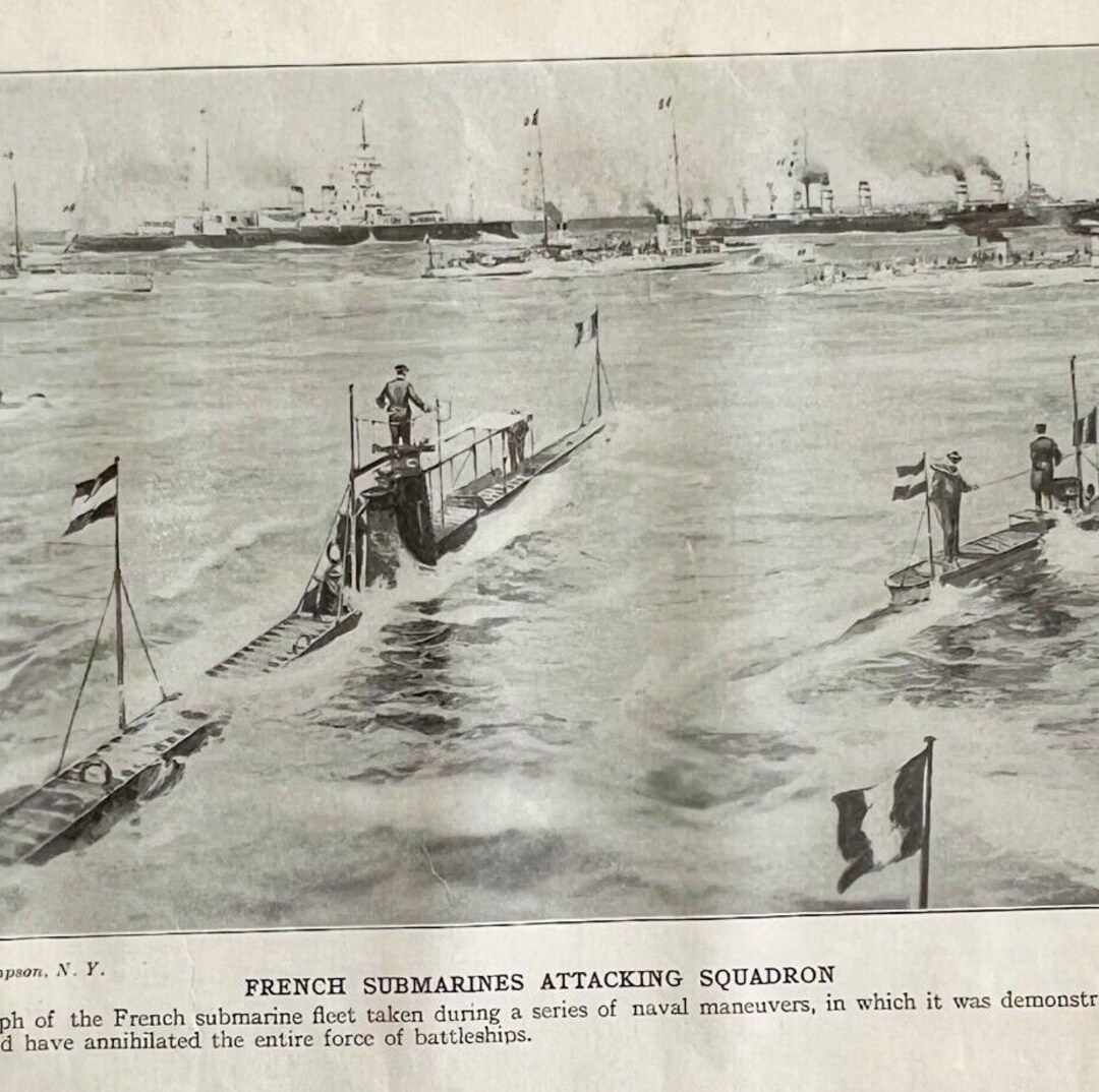 1914 French Navy Submarines Attack Battleships WW1 Print Etsy